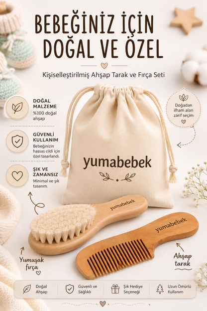 Yumabebek 2'li Set Bebek Fırçası & Saplı Ahşap Tarak