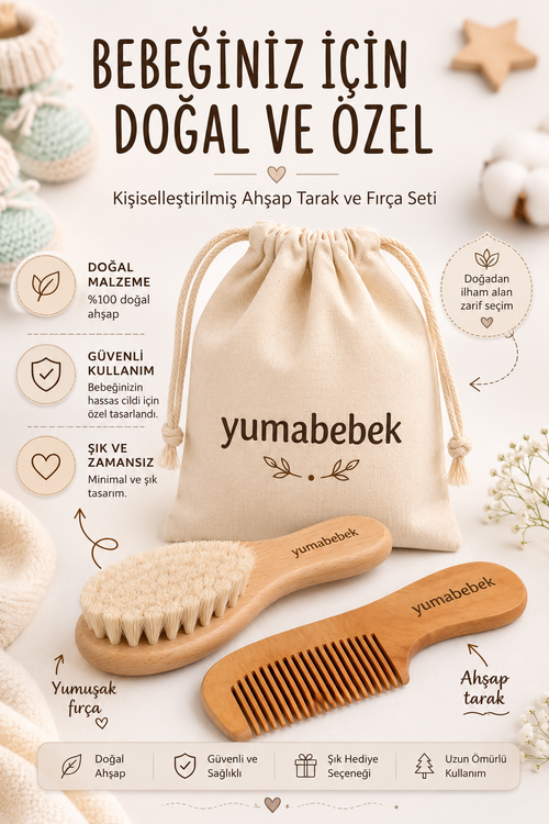 Yumabebek 2'li Set Bebek Fırçası & Saplı Ahşap Tarak